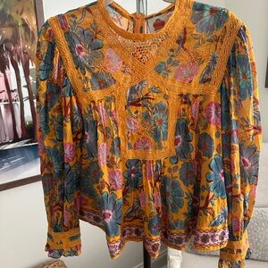 Farm Rio Micq Mustard Floral Lace Yoke Blouse - Women's Long Sleeve Top